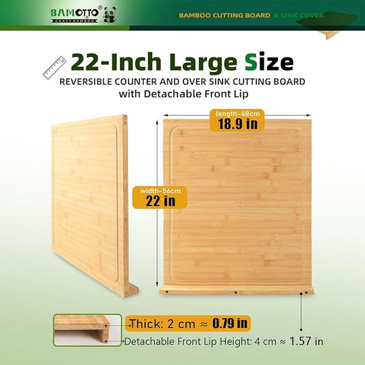 BAMOTTO CRAFTBAMBOO 18.9x22 Inch Extra Large Bamboo Cutting Board, Stovetop Cover, Over Sink, Reversible Juice Grooves, Non-Slip Detachable Lip, Turkey Carving & Noodle Board for Home & RV Kitchen