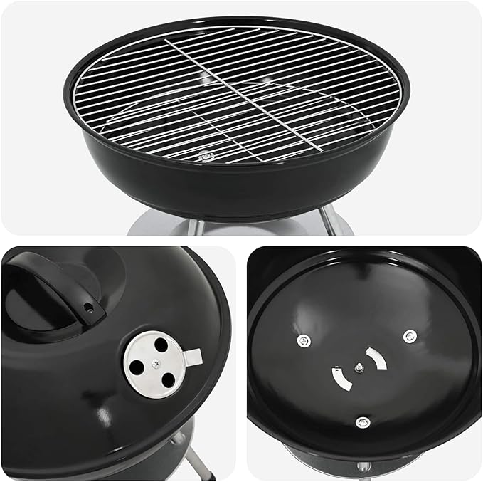 Portable Charcoal Grill for Outdoor Cooking, Compact Round BBQ Barbecue Grill with Lid, Air Vent, Ash Basin and Cooking Grate for Garden, Patio, Camping, Backyard, Black, 14.37 x 14.37 x 15.75 in