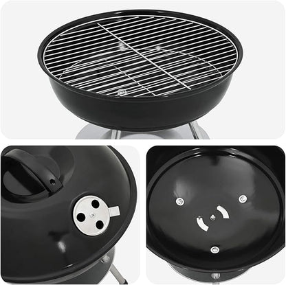 Portable Charcoal Grill for Outdoor Cooking, Compact Round BBQ Barbecue Grill with Lid, Air Vent, Ash Basin and Cooking Grate for Garden, Patio, Camping, Backyard, Black, 14.37 x 14.37 x 15.75 in