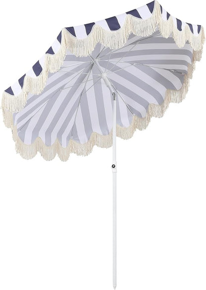 JONATHAN Y Mariner 6.5 ft. Striped Fringe Beach Umbrella, Navy/White | Push-Button Tilt, UV 50 Protection, Matching Carry Bag, Iron Pole, Wind Vent, Scalloped Round Canopy, Coastal Style