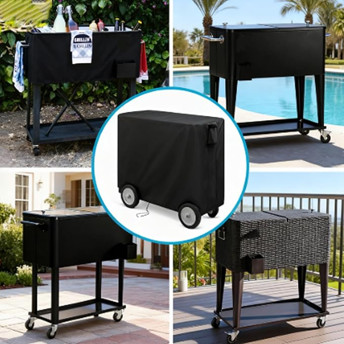 Kingling Cooler Cart Cover for Keter 89.8 Quart Patio Cooler Cart, Waterproof Outdoor Cooler Cart Cover for Rolling Ice Chest Cooler with Wheels, Backyard, Grill Table, Black - 38''L x24''W x35''H