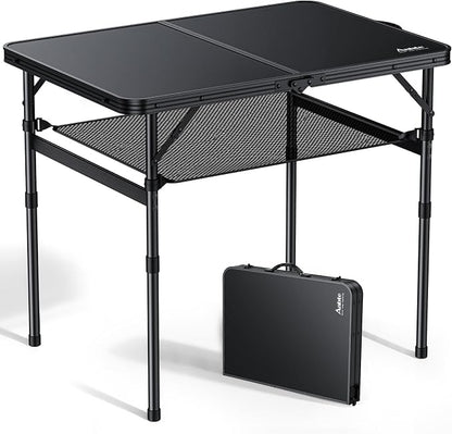 Anbte Folding Camping Table, 36" x 24" Picnic Table with Storage Net, Black | Adjustable Height Max 29.5 inch, Aluminum Alloy Small Folding Table, Lightweight, Portable Handle for Travel Outdoor Cooking