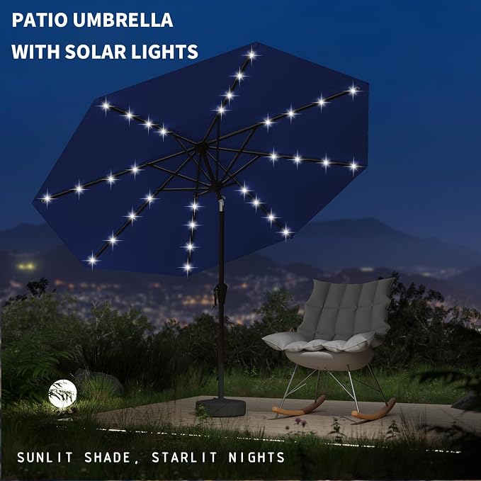 9FT Patio Umbrella with Solar Lights,Outdoor Market Umbrella with Tilt and Crank, LED Lighted Table Umbrella for Garden,Deck,Backyard,Pool,Beach (Navy)