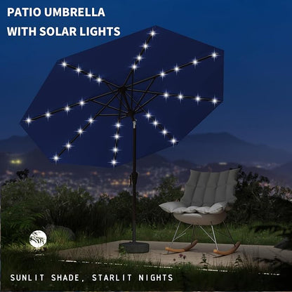 9FT Patio Umbrella with Solar Lights,Outdoor Market Umbrella with Tilt and Crank, LED Lighted Table Umbrella for Garden,Deck,Backyard,Pool,Beach (Navy)