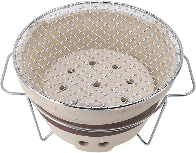 Asixxsix Tabletop Charcoal Grill, 24x24x14.5cm Mini Clay Charcoal Stove Portable Hibachi Grill, Japanese Style Barbecue Stove with Mesh Mat for Indoor Outdoor Camping Picnic