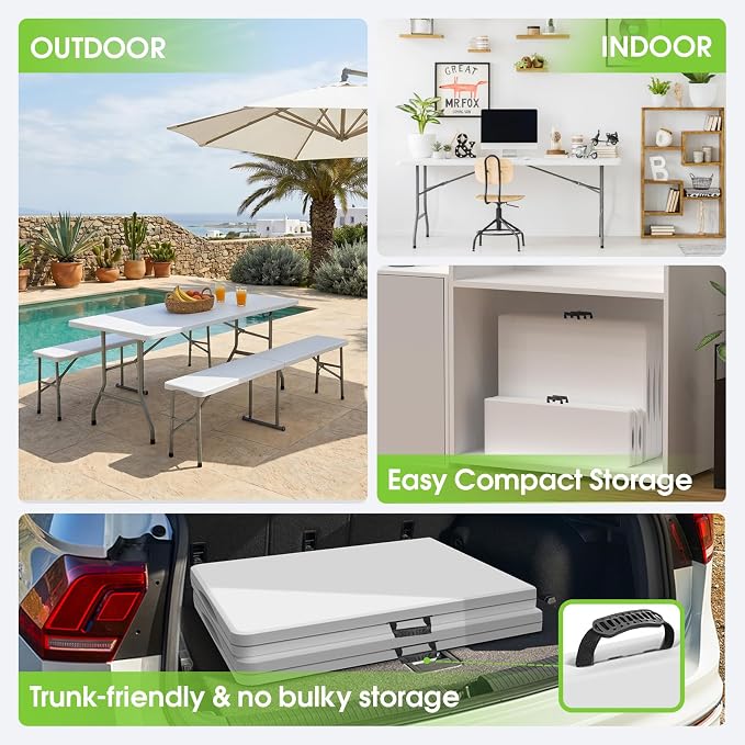 Folding Table Picnic Table Set with 2 Benches, 6 ft Camping Table Chair Set | Foldable Furniture with Handle and Safety Locks, Heavy Duty HDPE, Outdoor Indoor Use, Party, Camping, Picnic, Weddings, White