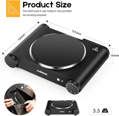 Cusimax Portable Electric Stove, 1200W Infrared Single Burner Heat-up In Seconds, 7 Inch Ceramic Glass Single Hot Plate Cooktop for Dorm Office Home Camp, Compatible w/All Cookware - Upgraded Version