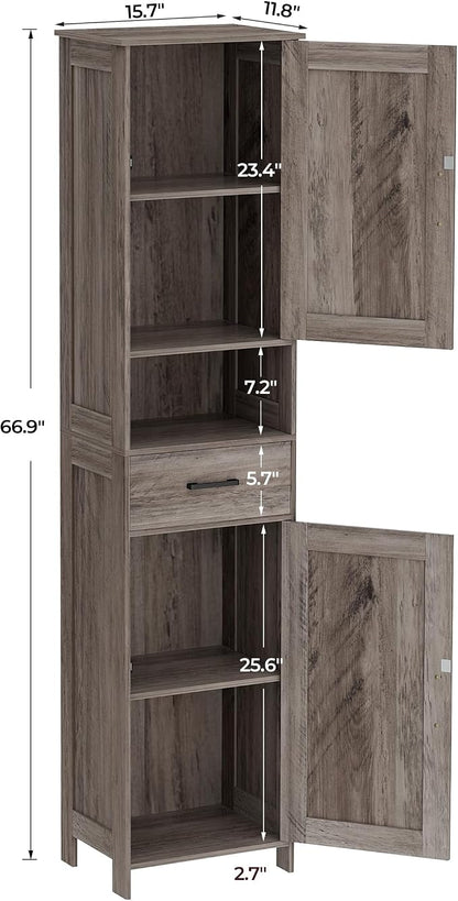 Homhedy 67" H Tall Bathroom Storage Cabinet with Barn Doors and Drawer | Narrow Storage Unit with Adjustable Shelves, Floor Cabinet for Bathroom, Living Room, Entryway or Kitchen, Greige, 15.7" W
