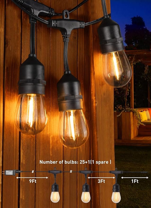 Brightown 82FT Outdoor String Lights, 25 LED Bulbs Shatterproof Patio Lights with Remote, IP65 Waterproof Dimmable Hanging Connectable LED Outdoor Lights for Backyard, Bistro, Porch, Deck, Balcony
