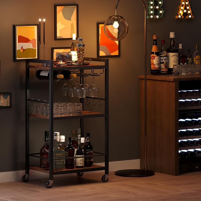 TUTOTAK Bar Cart with Wheels, Drink Cart with Wine Rack and Glass Holder | 3-Tier 17 Inch Wide Home Bar Serving Carts, Small Mobile Kitchen Shelf with 6 Hooks, Rustic Brown BC01BB032