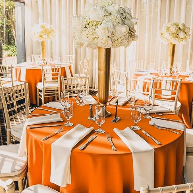 8 Pack Orange Round Tablecloth 90 Inch | For 3Ft-5Ft Round Table, Wrinkle Resistant Table Cloth, Washable Polyester Fabric, For Wedding Party Banquet Buffet Camping