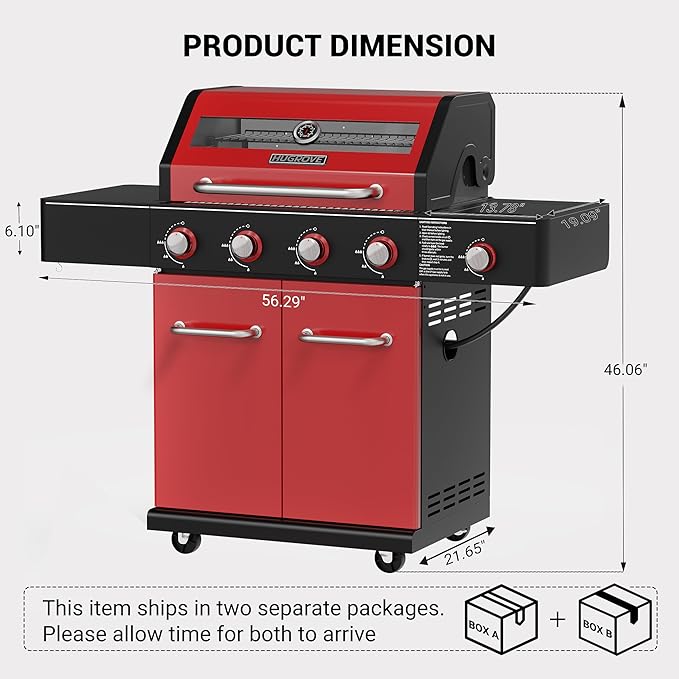 HUGROVE 4-Burner Liquid Propane Gas Grill with Clear-View Window, 56,000 BTU Outdoor BBQ Grilling Station with Side Burner, 677 sq.in Grill with Cast Iron Grates for Backyard Party (Black Red)