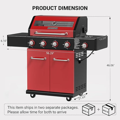 HUGROVE 4-Burner Liquid Propane Gas Grill with Clear-View Window, 56,000 BTU Outdoor BBQ Grilling Station with Side Burner, 677 sq.in Grill with Cast Iron Grates for Backyard Party (Black Red)