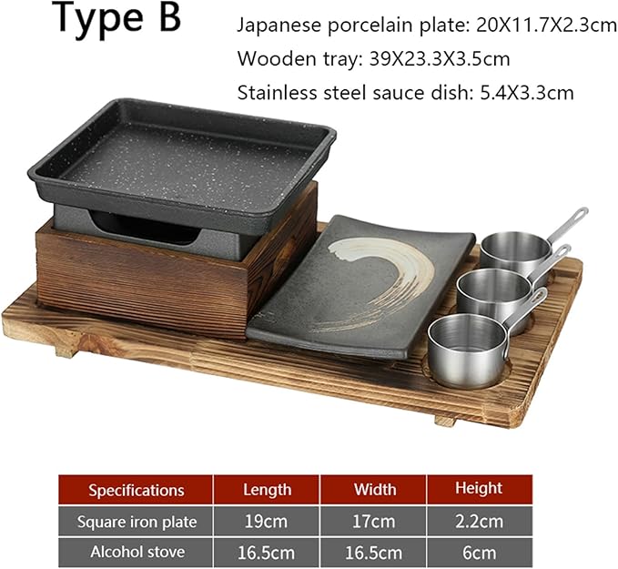 Japanese BBQ Grill Set, Portable Charcoal Stove with Wooden Base for Yakiniku, Robata, Yakitori, Takoyaki, Camping,B