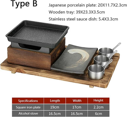 Japanese BBQ Grill Set, Portable Charcoal Stove with Wooden Base for Yakiniku, Robata, Yakitori, Takoyaki, Camping,B