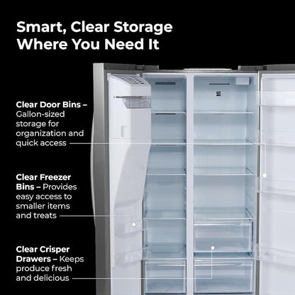 Kenmore 29 cu. ft. 36" Wide Side-by-Side Refrigerator - FPR Stainless Steel | Space Saving Ice & Water Dispenser, Accela Chill, Accela Freeze, Adjustable Glass Shelving, Fingerprint Resistant SS