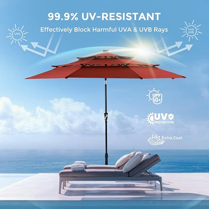 HOMSHADE 9FT 3-Tier Solar Patio Umbrella Heavy Duty, Vented Market Table Umbrella Windproof w/32 LED Lights, UPF50+, 5-year Fade Resistant, for Pool, Lawn, Garden, Deck (Neon Orange,No Base)
