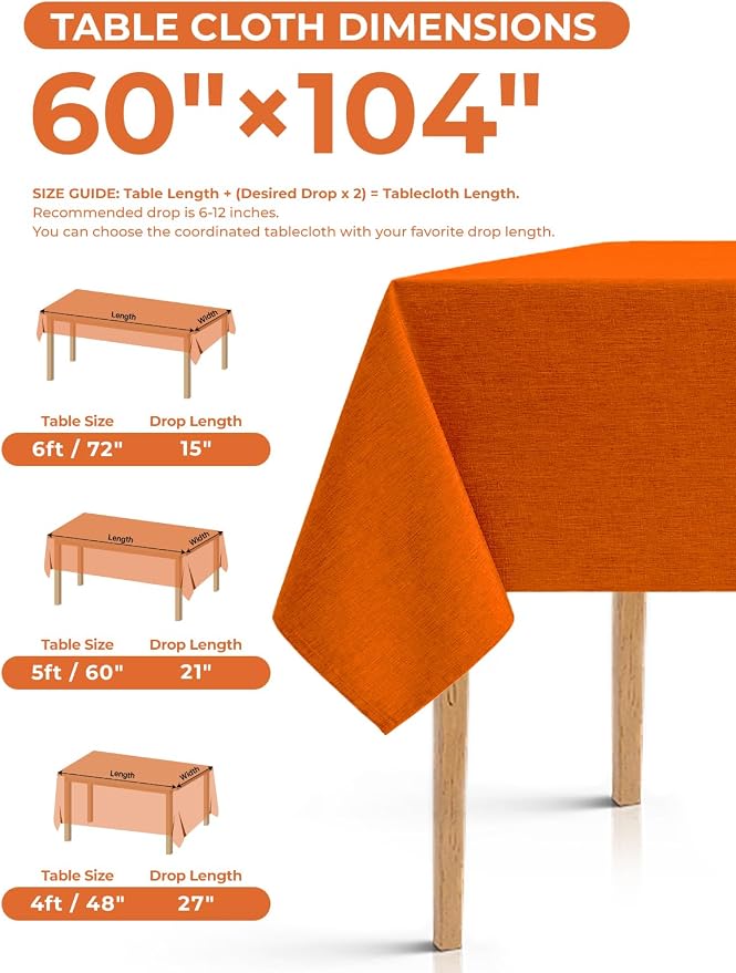 Decorelia Waterproof Wipeable Table Cloth Rectangle Table for Wedding, Faux Linen Rustic Reusable Rectangular Table Cloth Cover for Dining, Party & Camping(Oblong,60 x 104 Inch (8-10 Seats), Rust)