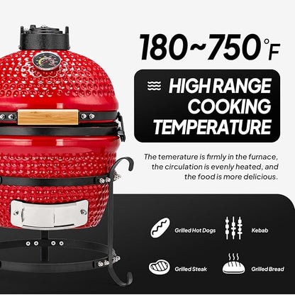 ROVSUN 13IN Red Spherical Ceramic Charcoal Grill with Inner Liner, Portable BBQ Smoker for Outdoor Cooking, Camping, and Backyard Grilling