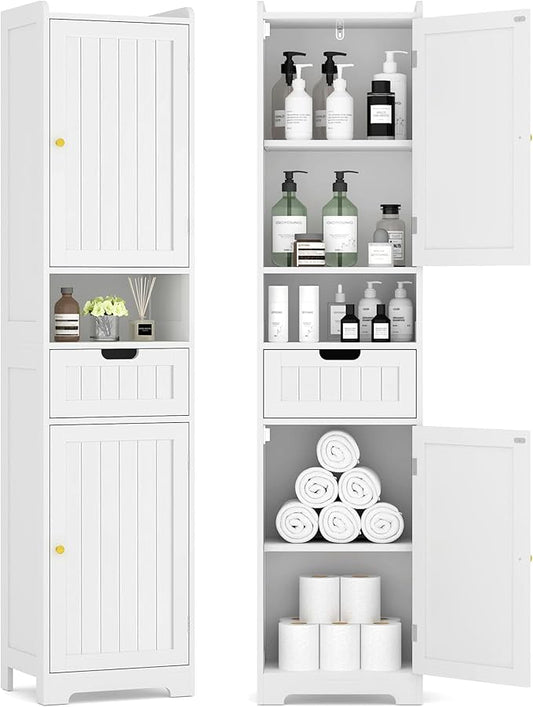 TidyHaven 67" H Tall Bathroom Storage Cabinet, Slim Narrow Organizer with Adjustable Shelves, 2 Doors & 1 Drawer, Freestanding Floor Cabinet for Bathroom, Kitchen, Living Room（White）