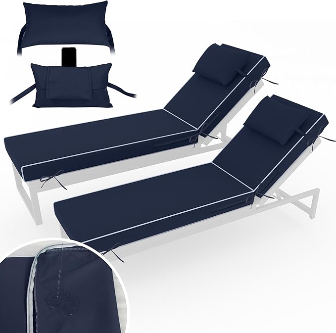 Chaise Lounge Cushions Outdoor Set of 2 Lounge Chair Cushion 80" L x 26" W with Headrest Straps 3'' Thick Waterproof PU Patio Chaise Cushions Pool Lounger Chair Cushion(Navy Blue)