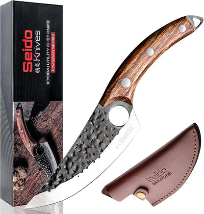 Seido Knives Kyodai Utility Chef Knife - Ideal for Outdoor Camping, Hunting, or BBQ - Includes Leather Knife Sheath