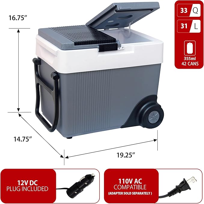 Koolatron Thermoelectric Iceless 12V Cooler/Warmer 33 qt (31 L) w/Wheels, Portable Electric Rolling Car Fridge w/ 12 Volt DC Power Cord, Grey/White, Travel Road Trips Camping, Made in North America