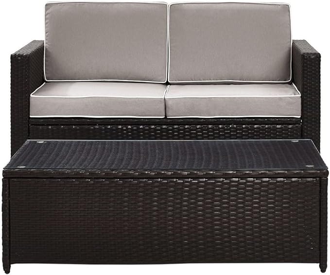 Crosley Furniture Palm Harbor 2-Piece Wicker Outdoor Coffee Table and Loveseat Patio Furniture Set for Porch, Brown with Gray Cushions