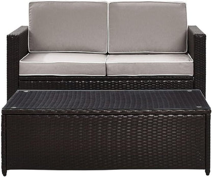 Crosley Furniture Palm Harbor 2-Piece Wicker Outdoor Coffee Table and Loveseat Patio Furniture Set for Porch, Brown with Gray Cushions