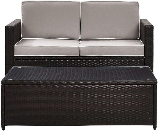Crosley Furniture Palm Harbor 2-Piece Wicker Outdoor Coffee Table and Loveseat Patio Furniture Set for Porch, Brown with Gray Cushions