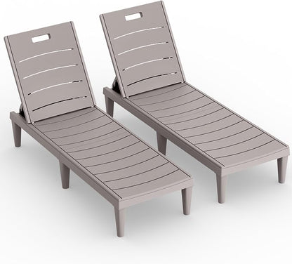 Greesum Outdoor Chaise Lounge Chair Set of 2, Light Coffee | Waterproof 5-Position Adjustable PP Sun Loungers for Patio, Poolside, and Beach Sunbathing