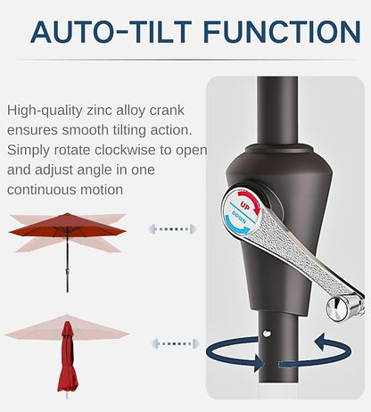 9FT Auto-Tilt Patio Umbrella|Outdoor Market Table Umbrella with 8 Fiberglass Ribs for Pool,Deck&Backyard