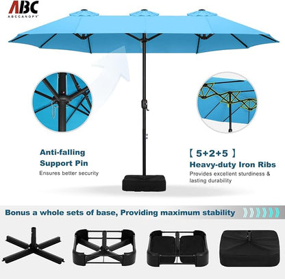 ABCCANOPY 15FT Double-Sided Rectangle Patio Umbrella with Base, Turquoise | Rectangular Outdoor Table Umbrella with Crank, Heavy Duty Market Umbrella Shade for Garden,Poolside, Lawn, Backyard