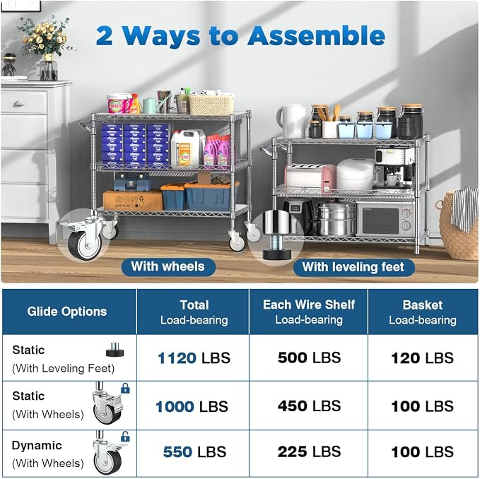 Commercial Rolling Utility Cart,45In Large Kitchen Carts with Wheels | 3 Tier Heavy Duty Serving Cart with Handle & Shelf Liners, NSF Storage Cart for Restaurant,45"D x 25"W x 39"H-Chrome