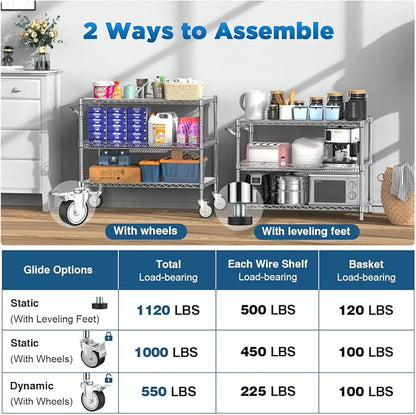 Commercial Rolling Utility Cart,45In Large Kitchen Carts with Wheels | 3 Tier Heavy Duty Serving Cart with Handle & Shelf Liners, NSF Storage Cart for Restaurant,45"D x 25"W x 39"H-Chrome