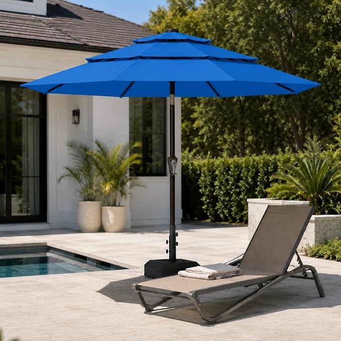 10ft Patio Umbrella, 3-Tier Vented Outdoor Table Umbrella with 8 Sturdy Fiberglass Ribs, Windproof Market Umbrella with Push Button Tilt and Crank, UV Protection for Deck, Pool, Royal Blue