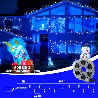 QITONG 165ft 500 LED Blue and White Christmas Lights Outdoor Waterproof, 8 Modes Christmas String Lights with Green Wire Indoor, Twinkle Tree Lights Plug in with Memory Timer