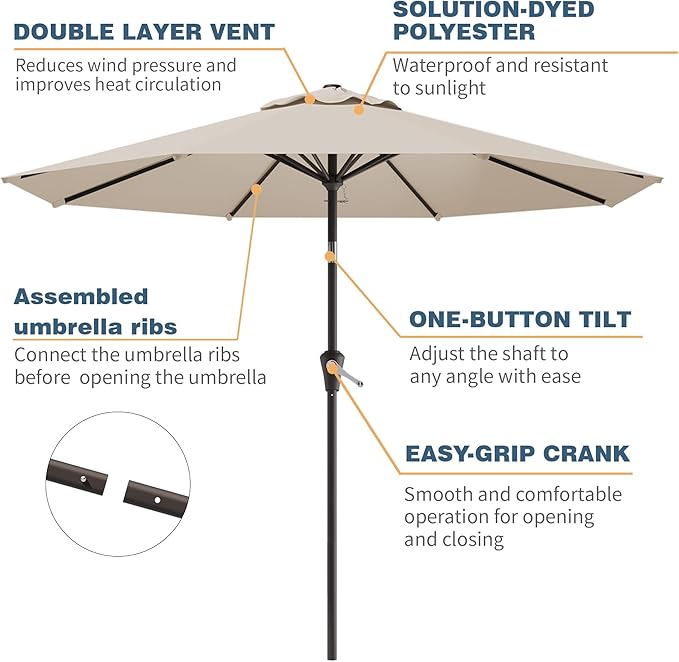 10FT Patio Umbrella, Outdoor Umbrella with Push Button Tilt and Crank, 8 Sturdy Ribs, UV Protection & Waterproof Market Umbrella for Pool, Backyard, Beach,Deck