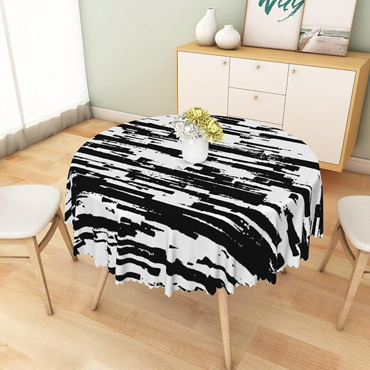 Black and White Striped Fabric Waterproof Round Tablecloth Vintage Texture Grain Circle Table Cloth Dust-Proof Circle Table Cover Protector for Restaurant Picnic Camping BBQ 60x60 Inch