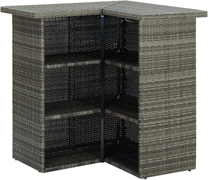 Corner Bar Table with 3 Shelves, 19.7x39.4x41.3 Inch Modern Gray PE Rattan and Steel Kitchen Island Table for Indoor Outdoor Dining Room