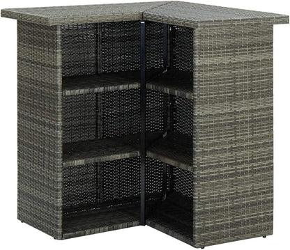Corner Bar Table with 3 Shelves, 19.7x39.4x41.3 Inch Modern Gray PE Rattan and Steel Kitchen Island Table for Indoor Outdoor Dining Room