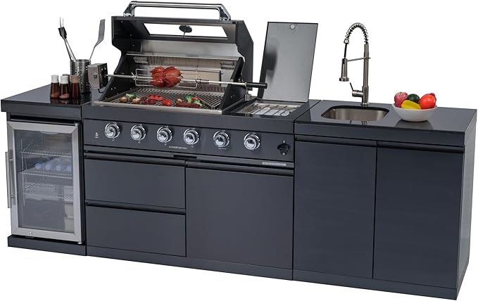 104-Inch Modular Outdoor Kitchen Island: 4-Burner 72000 BTU Gas Grill with Stainless Steel Sink, Wine Cooler Refrigerator, Granite Countertop, Rotisserie Kit, 304 Stainless Steel BBQ Bar Center