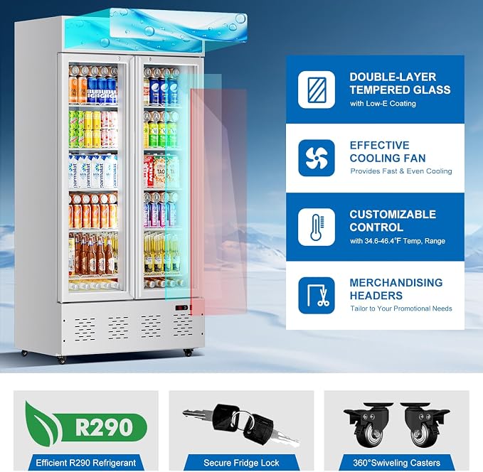 41.34'' W Commercial Beverage Refrigerators, 30 Cu.ft Glass Door Refrigerator Commercial with LED Light and 10 Shelves, Display Refrigerator for Restaurant Store Cafe Bar, White