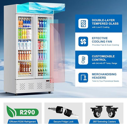 41.34'' W Commercial Beverage Refrigerators, 30 Cu.ft Glass Door Refrigerator Commercial with LED Light and 10 Shelves, Display Refrigerator for Restaurant Store Cafe Bar, White