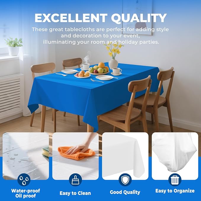 54 Inch X 100 Feet Plastic Table Cover Roll Premium Disposable Plastic Tablecloth for All Type/Shape Tables | Picnic, Party, Banquet, Birthdays, Weddings (Blue, 54 Inch X 100 Feet)