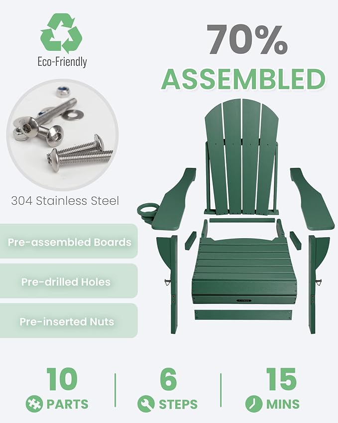 Ciokea Folding Adirondack Chair 4 Pack, Patio Adirondack Chair Weather Resistant, Plastic Fire Pit Chair with Cup Holder, Lawn Chair for Outdoor Porch Garden Backyard Deck (Green)
