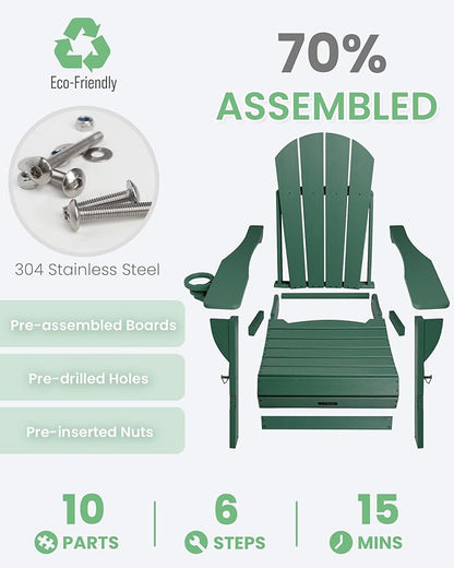 Ciokea Folding Adirondack Chair 2 Pack, Patio Adirondack Chair Weather Resistant, Plastic Fire Pit Chair with Cup Holder, Lawn Chair for Outdoor Porch Garden Backyard Deck (Green)