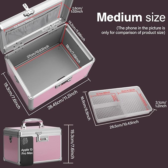 Medicine Lock Box with Combination Lock - 11.2 x 7.6 x 7.6 Inches - First Aid Safe Medication Storage Box, Medications and Personal Items, Safe Boxes for Home and Outdoor - Pink