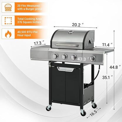 Endark 40,500 BTU 3-Burner Stainless Steel Propane Gas Grill – with Side Burner, Thermometer, Wheels & Cover – Perfect for Outdoor Garden BBQ and Family Gatherings