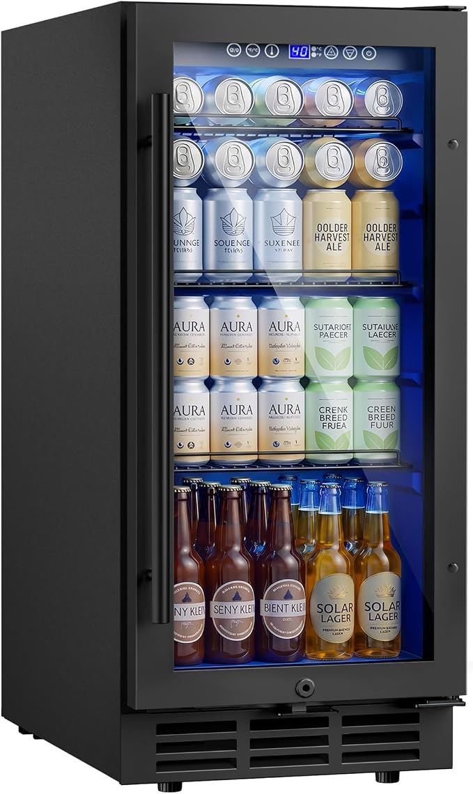 15 Inch Beverage Refrigerator 130 Cans | Under Counter Glass Door | 15 in beverage refrigerator, 130 cans, glass door, LED, lock, built-in or freestanding, quiet cooling for home, bar, kitchen